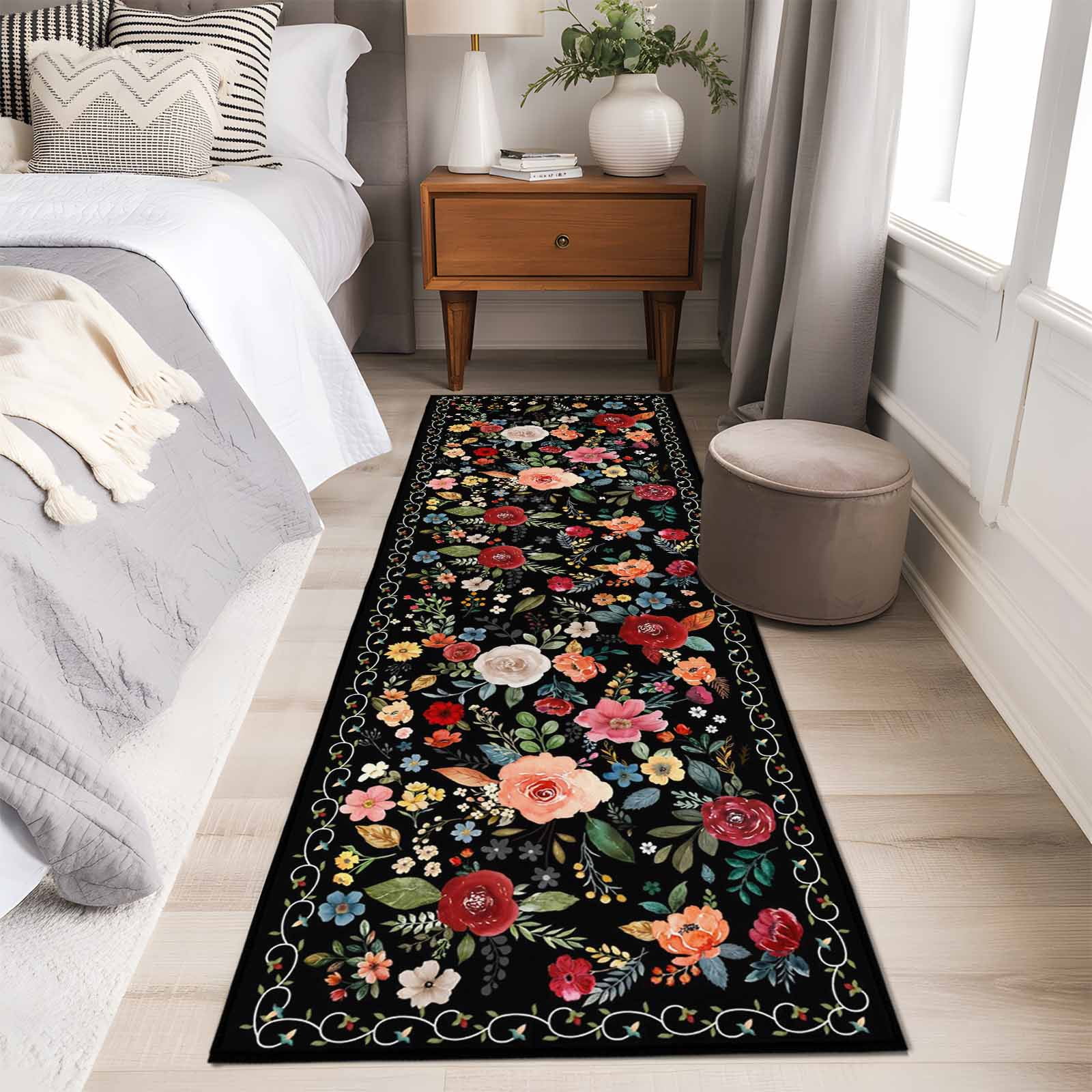 Watercolor Flowers 2'x6' Runner Rugs for Hallway Kitchen Bedside Non Slip Washable, Farmhouse Floral Vintage Black Entryway Rug Runners with Rubber Backing, Long Carpet Runner for Laundry Room