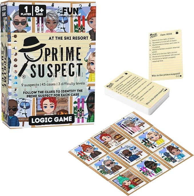 Prime Suspect – Logic Game with 45 Case Cards | Single Player or Group Play | Ages 8+ | Compact Brain Teaser Game | 5 Collectible Editions (Prime Suspect: at The Ski Resort)