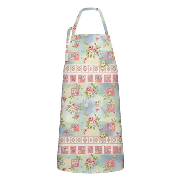 Pioneer Flower Floral Print Pattern Apron for Women and Men, Cotton Linen Waterproof with Pockets, Adjustable, 33x27 Inch for Kitchen, Gardening, BBQ, Salon