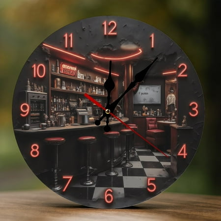 Wall Clock Decorative - Retro Red Bar Print 2D Vintage Wall Clocks Battery Operated Silent Non-Ticking for Bedroom, Living Room, Kitchen, Office, Classroom, 10 Inch