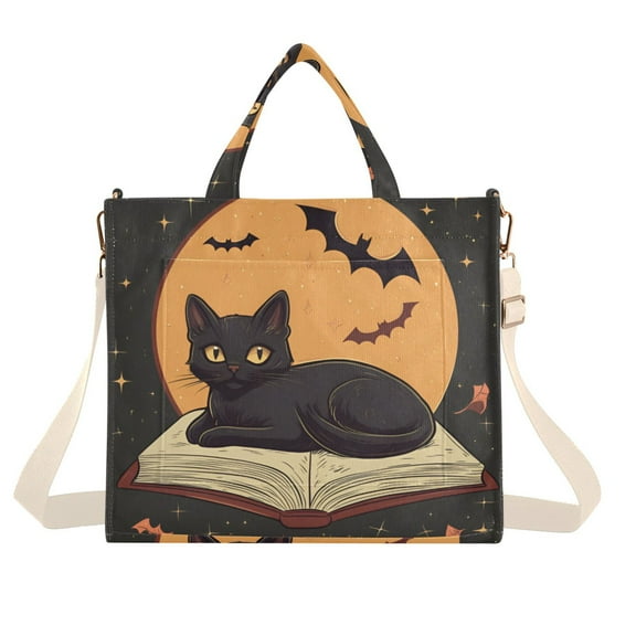 FORMRS Womens Corduroy Tote Bag Crossbody Shoulder Handbag with Pocket, Orange Halloween Cat