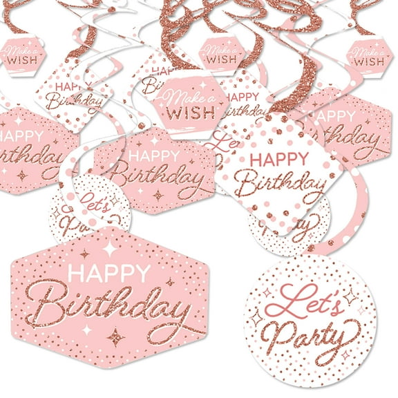 Big Dot of Happiness Pink Rose Gold Birthday - Happy Birthday Party Hanging Decor - Party Decoration Swirls - Set of 40