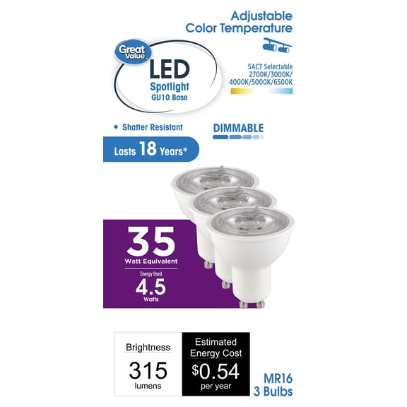 Great Value LED MR16 Indoor Spot Light Bulb, 4.5-Watts (35W Equiv) 5ACT, Dimmable, GU10 Base (3 Pack)