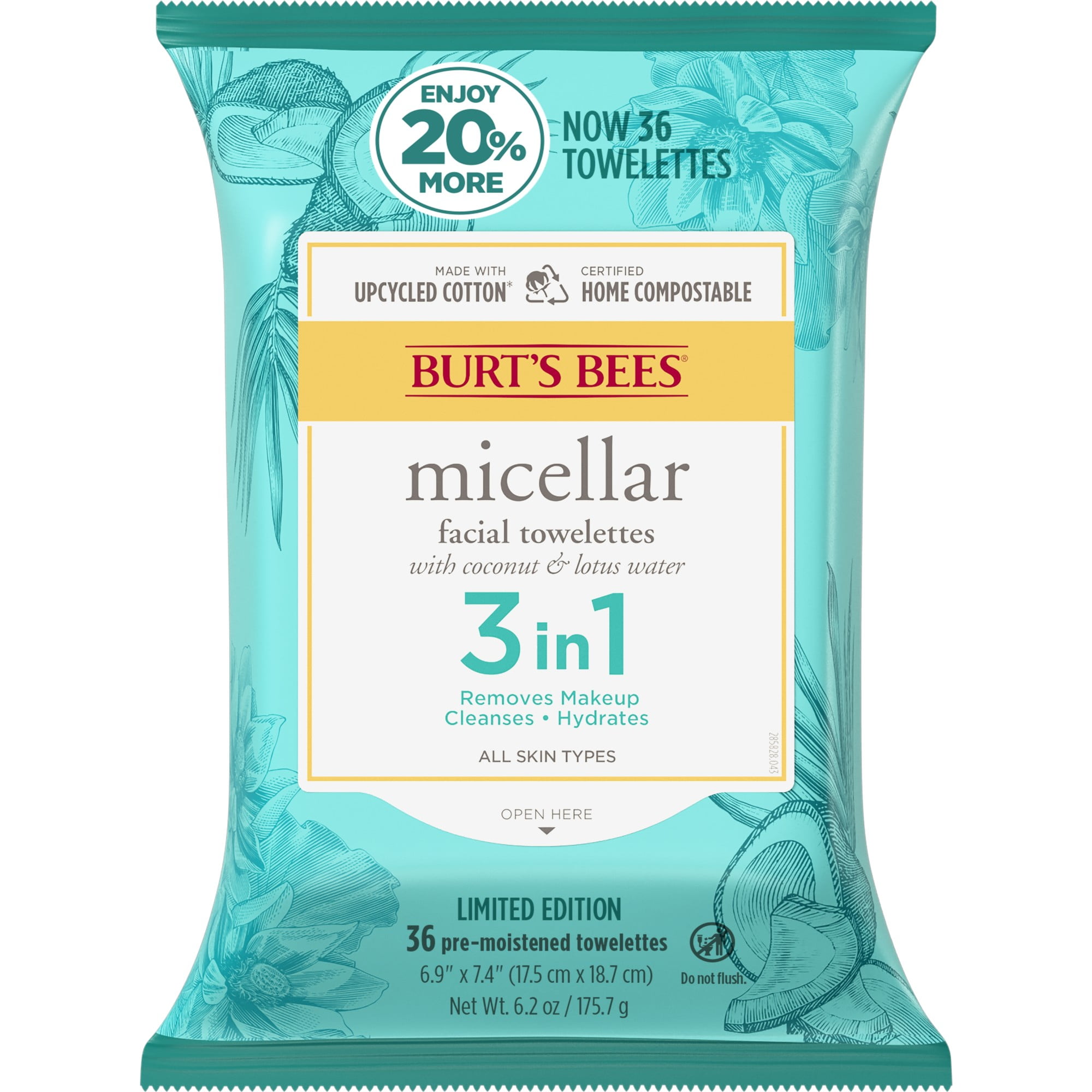 Burts Bees Micellar 3 in 1 Facial Towelettes with Coconut and Lotus Water, 36 Count