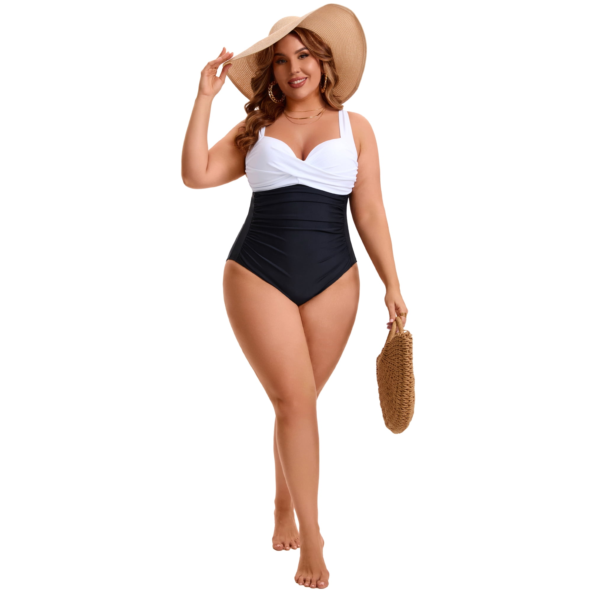 DARING DIVA Women's Plus 1 Piece Crisscross V-neck Swimsuit 3X Black White