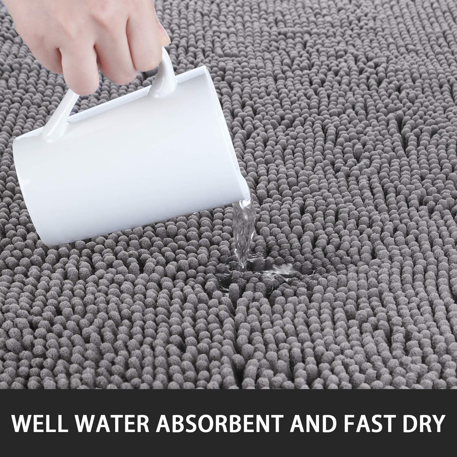 Bath Rugs 24'' x 48'' Bathroom Rug, Soft Luxury Chenille Bathroom Mats, Non-Slip and Absorbent Throw Rugs for Bath Tub, Plush Microfiber Shower Rug Machine Washable Floor Carpet, Grey