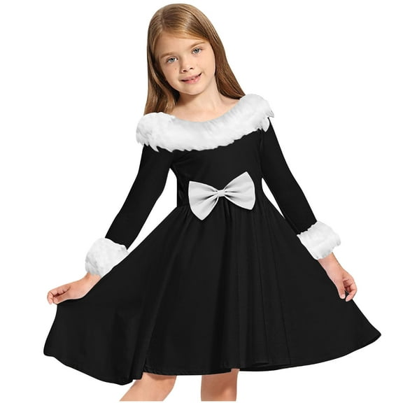 Hxshgdsn Girls Party Dresses Velvet Fuzzy Neck Bow Long Sleeve Dress Patchwork Holiday Black 130
