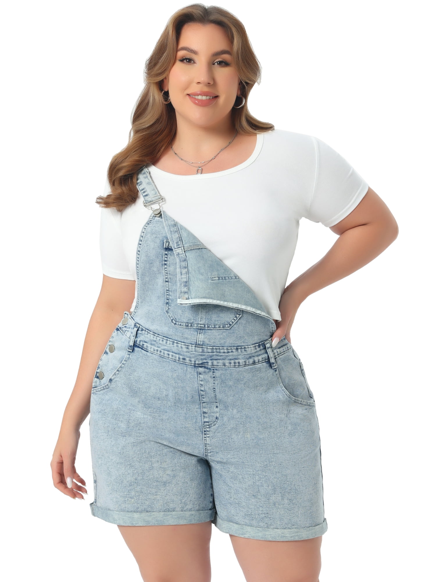 DARING DIVA Women's Plus Size Jumpsuit Roll Hem Pocket Denim Overalls 2X Light Blue