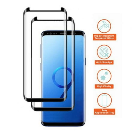 Samsung Galaxy S9 + Plus HD Clear Curved Glass Screen Protector with Top/Bottom Black Border and Self Alignment Tray, Touch Sensitive, Case Friendly