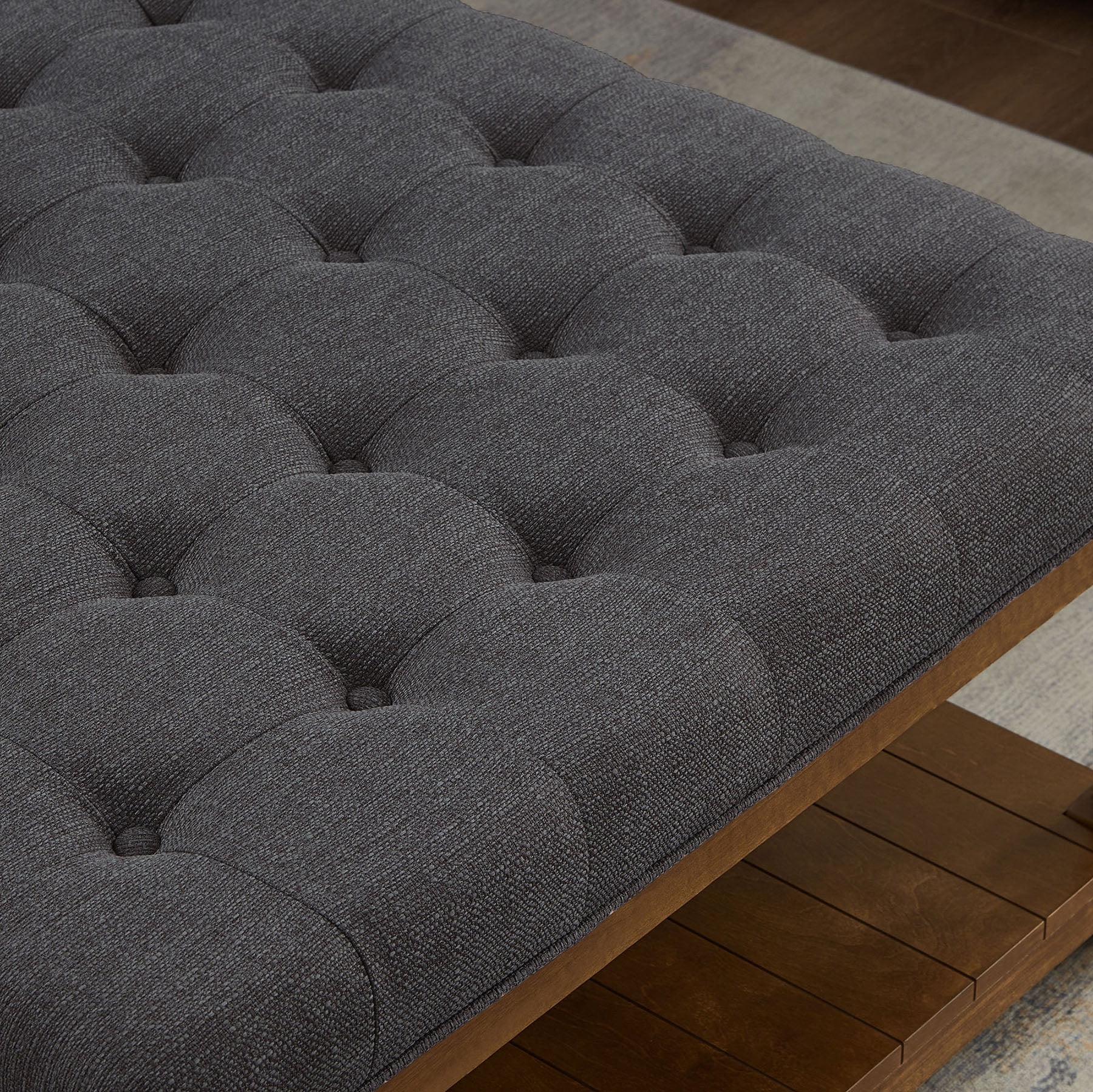 S-HOME Large Square Upholstered Tufted Linen Ottoman, Spacious Coffee Table with Solid Wood Shelf，Charcoal