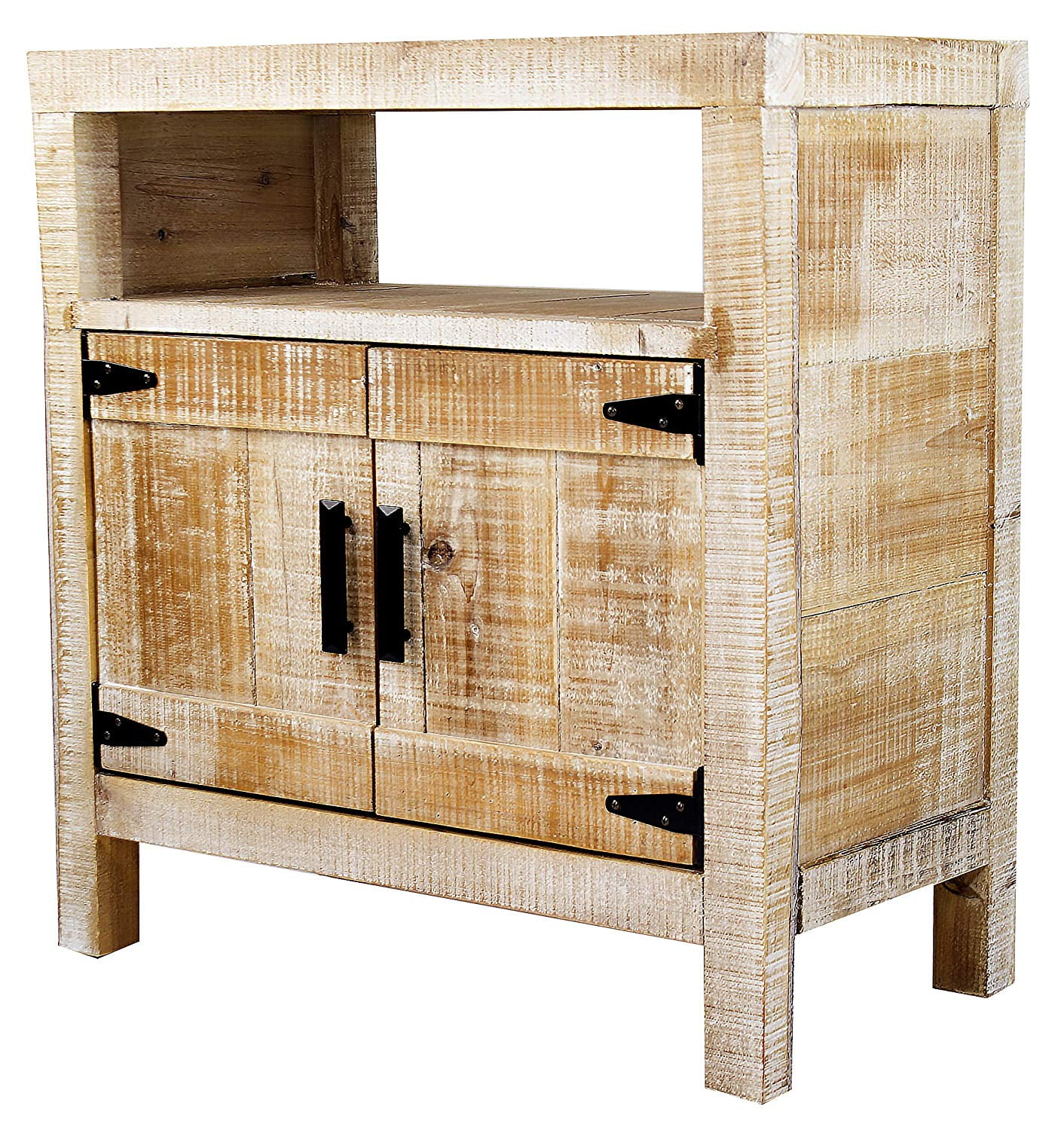 Distressed Wood Accent with Open Shelf, 2 Doors, Iron Handles