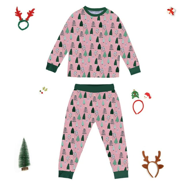Pajamas Set Tree Pink Christmas Wear Green Matching Print Family Christmas Parent-child