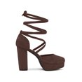 thumbnail image 3 of BLISSFUL STEP Women's Pumps Block Heels Platform Strappy Lace up Pumps Coffee 8, 3 of 8