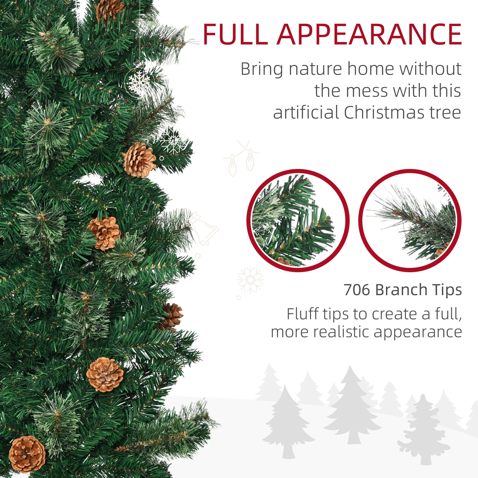 88.5"H Green Slim Pencil Artificial Christmas Tree, 706 Tips with 2 Layering Kinds Pine Cones, Section Design for Quick Setup, Flame Retardant, Sturdy Base, Indoor Holiday Decor