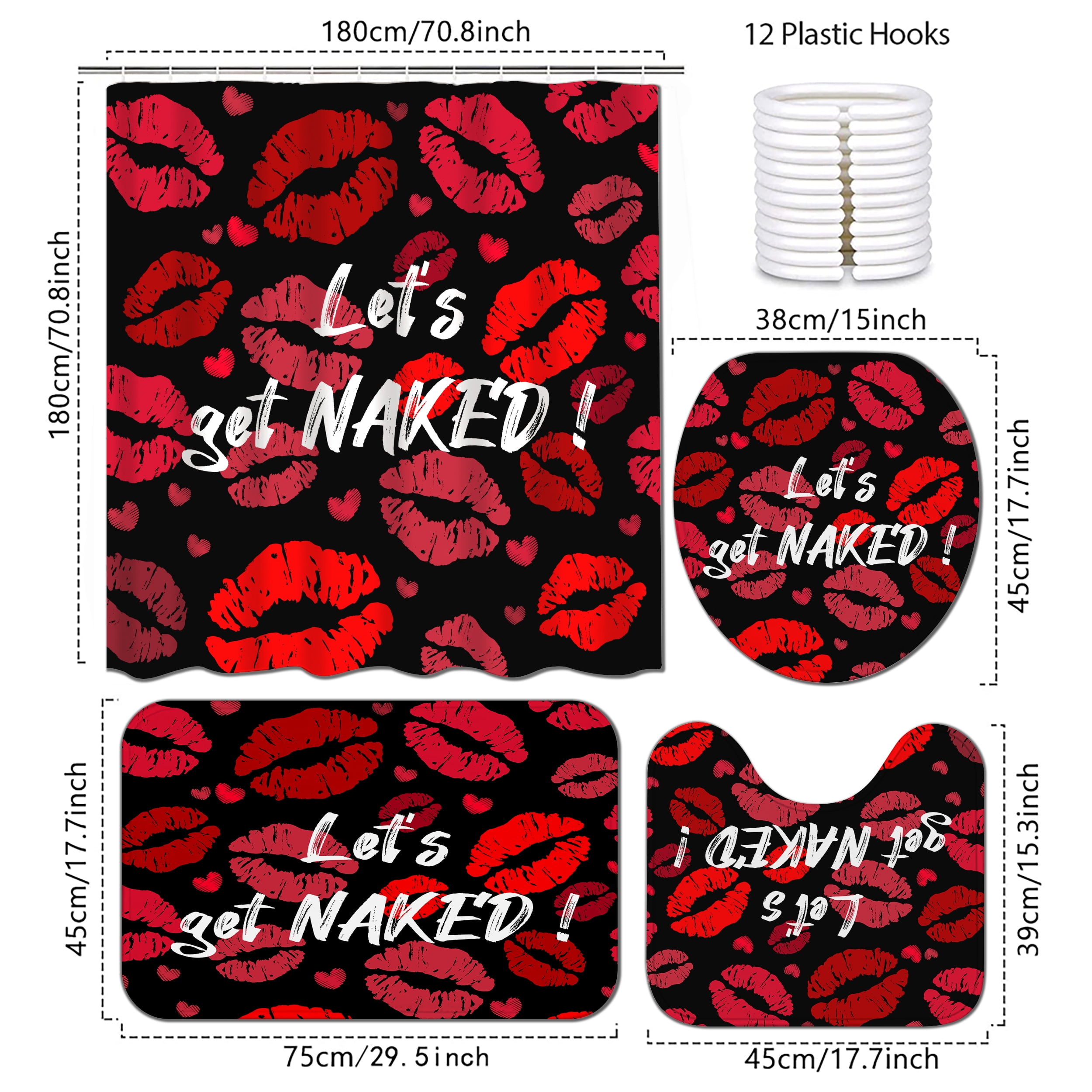 Planially 4 Pcs Shower Curtain Set with Rugs Toilet Lid Cover Mat Red Lips Bathroom Sets