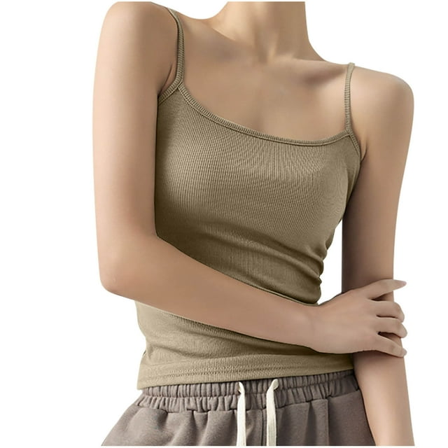 fheaev Débardeur d'Été pour Femmes Bretelles Spaghetti Col Rond Ajusté Camisole Basique Sans Manches Cami Basique Crop Top