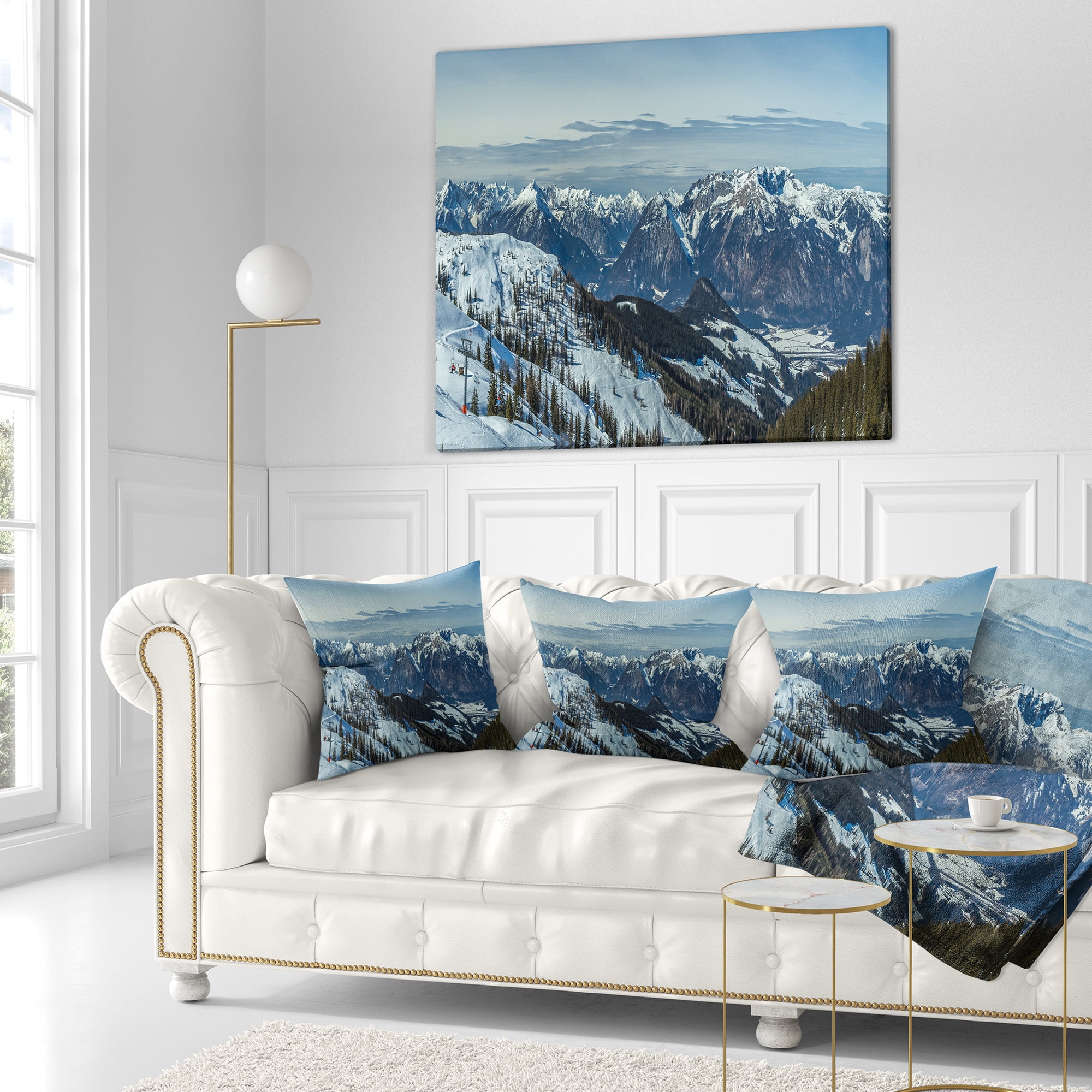 Designart White Ski Slope Panoramic View - Landscape Printed Throw Pillow - 18x18