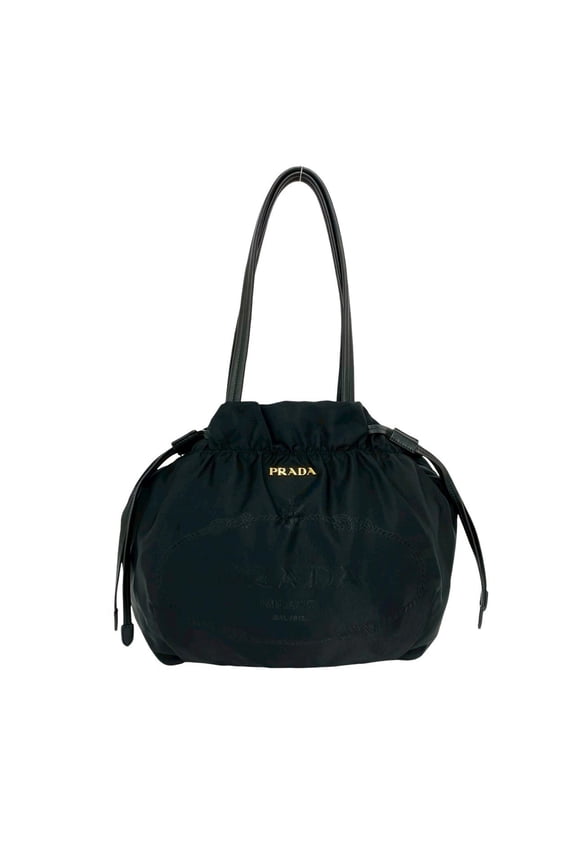 Pre-Owned PRADA Logo Hardware Tessuto Nylon Leather Drawstring Tote Bag Semi Shoulder Handbag...