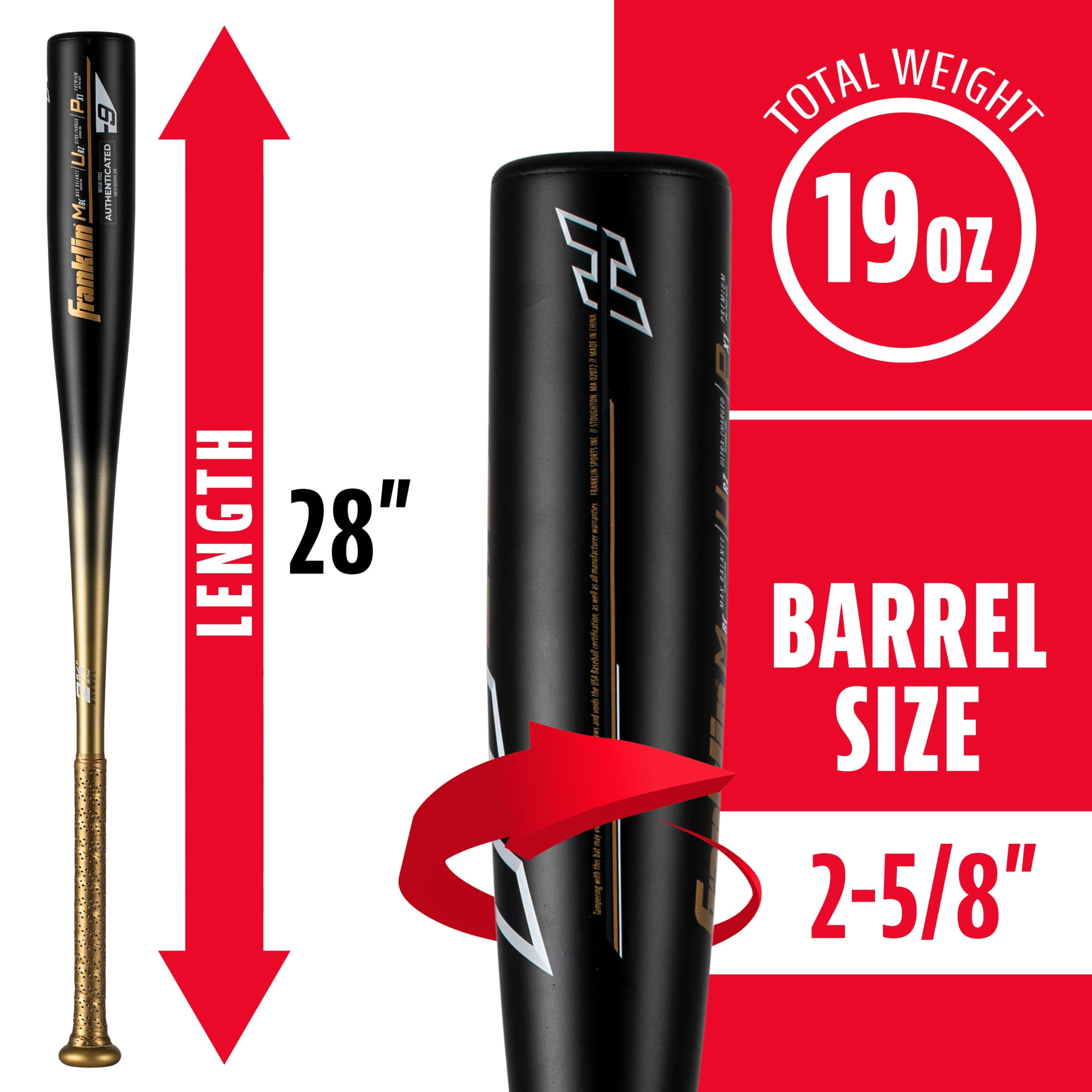 Franklin Sports Heist 900 Youth Aluminum Baseball Bat, 28 in/19 oz, Drop -9, Black