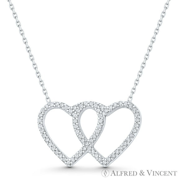 Double-Heart CZ Charm Pendant & Chain Necklace in .925 Sterling Silver w/ Rhodium