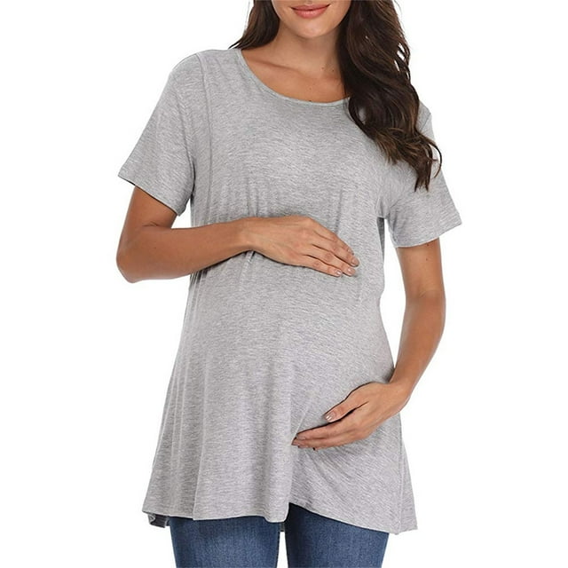 Prix Réduit, Blouse Décontractée à Manches Courtes et Col Rond pour Femmes, Couleur Unie, Design Aguichant avec Boutons pour Maternité d'Été, Coupe Ultra-Confortable/95 % Polyester, 5 % Spandex, Gris, Sopatenor