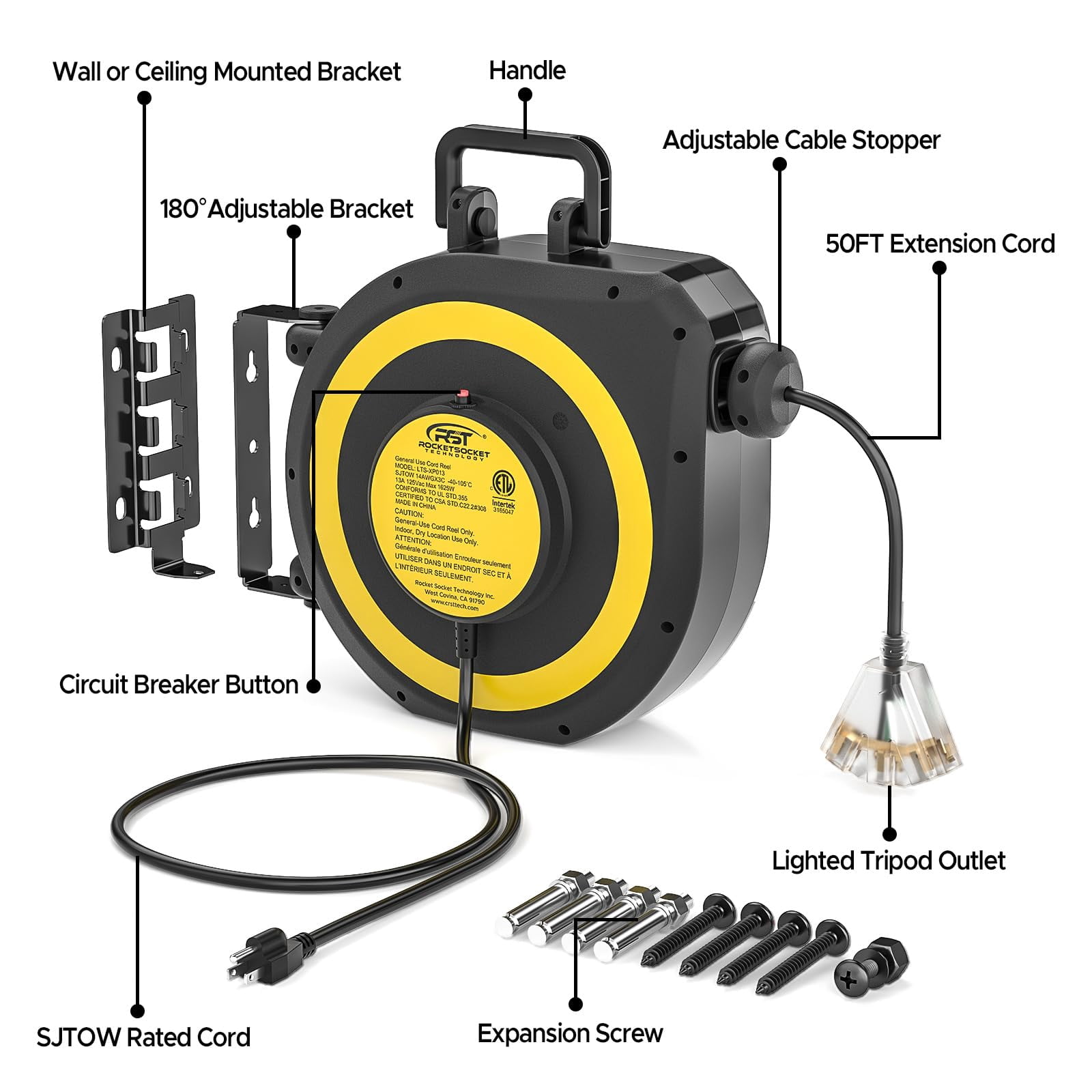 CRST Retractable Extension Cord Reel with Handle, 50 FT Heavy Duty 14AWG/3C SJTOW Power Cord with 3 Grounded Outlets Lighted Triple Tap Limited of 1625W, 13Amp Circuit Breaker, 180° Swivel Bracket