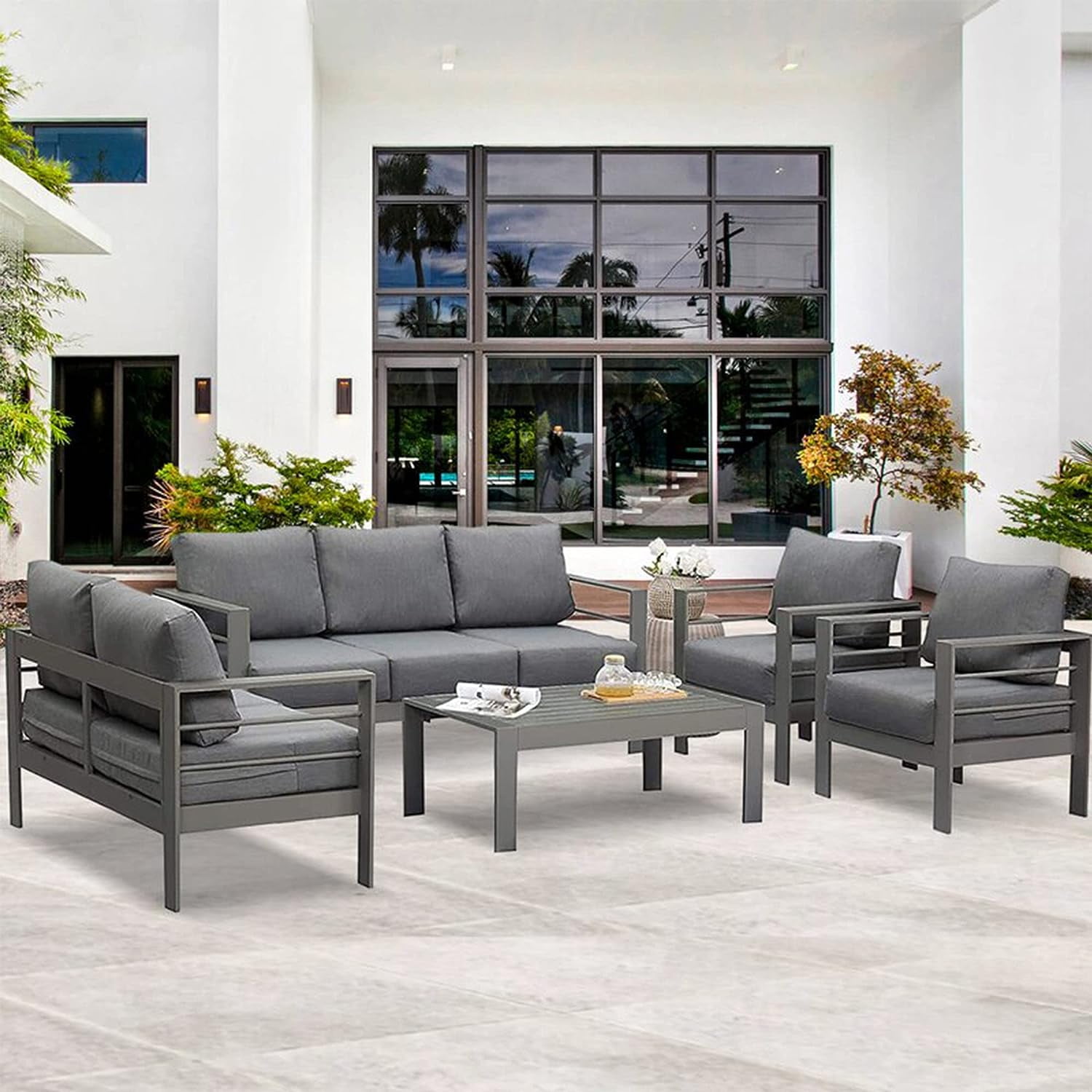 Superjoe Pcs Outdoor Aluminum Furniture Set Seats Patio Sectional Chat  Sofa Set Metal Conversation Sofa with Inch Cushion and Coffee Table for  Balcony, Garden, Dark Grey