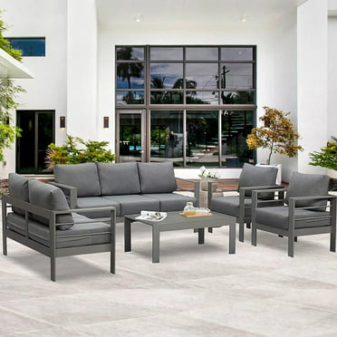 Superjoe 5 Pcs Outdoor Aluminum Furniture Set 7 Seats Patio Sectional Chat Sofa Set Metal Conversation Sofa with 5 Inch Cushion and Coffee Table for Balcony, Garden, Dark Grey