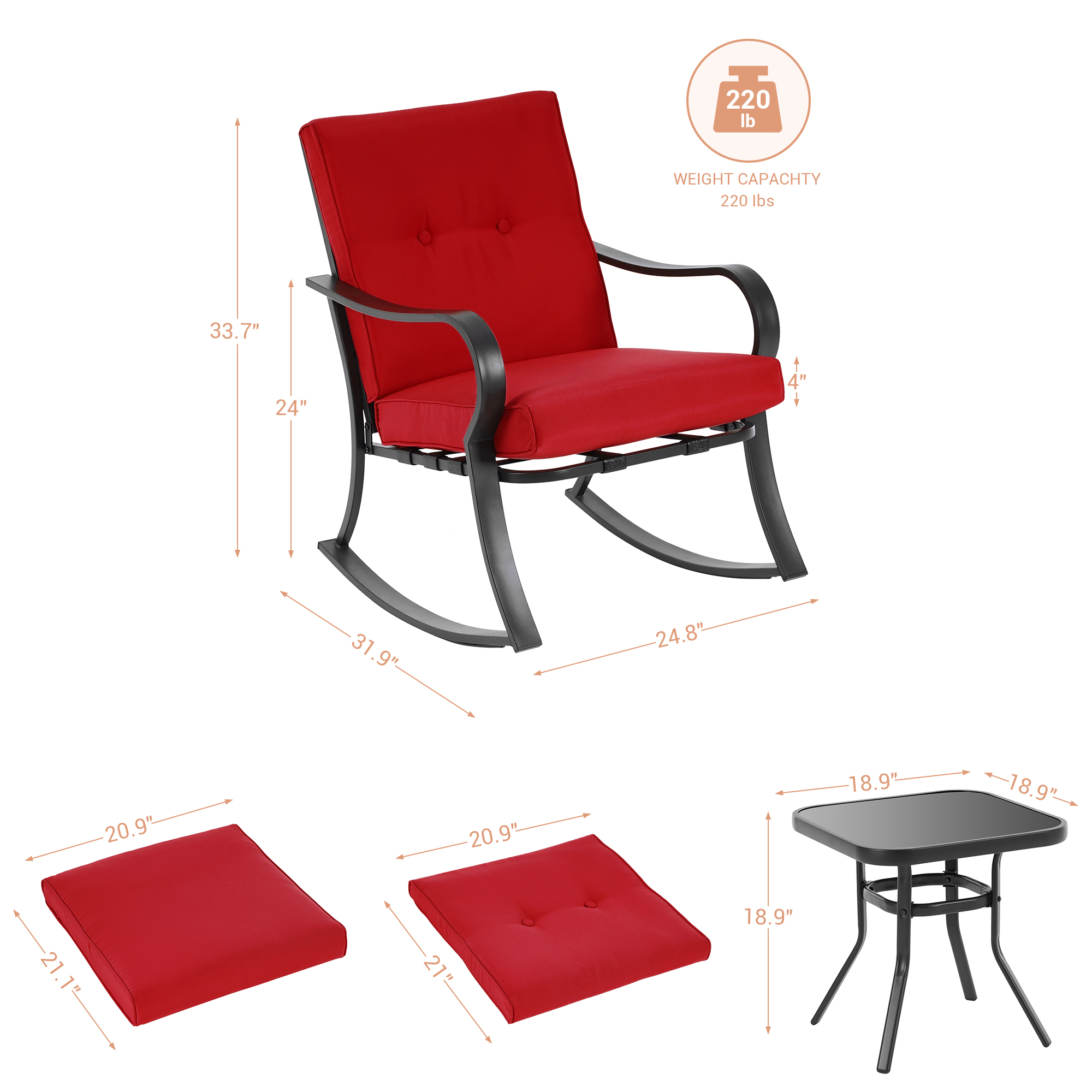 Outdoor Lounge Chair Courtyard Rocking Chair 3-Piece Steel Frame Outdoor Furniture Sets Thick Cushion Red Double Armchair Deck Backyard Bistro Set - image 3 of 8
