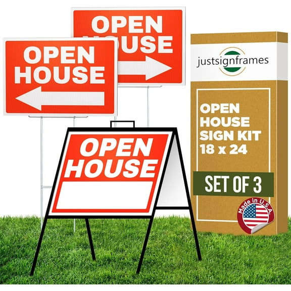 Open House Sign Kit Highly Visible 18' x 24' Signs with Stakes Double Sided Real Estate Signs with Directional Arrows and Free-Standing Folding Sign Stand