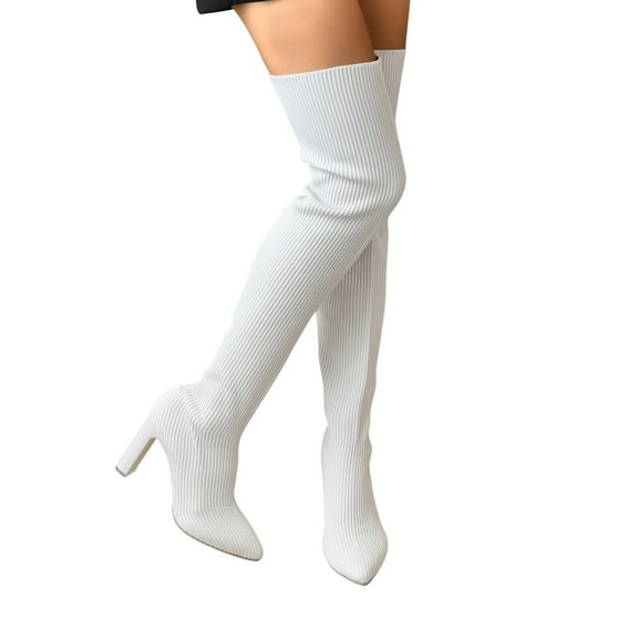 Blmnix Beige Womens Suede Boots Pointed Toe Thigh-High Work Boots