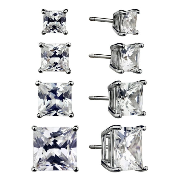 Brilliance Fine Jewelry Women's Simulated Diamond 4 Pair Square Earrings in Sterling Silver