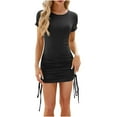 thumbnail image 2 of TIANEK Sun Dresses for Women Casual Black Midi Dresses Casual Solid Color Crew Neck Short Sleeved Side Drawstring For Slim Dress Sundresses for Juniors, 2 of 9