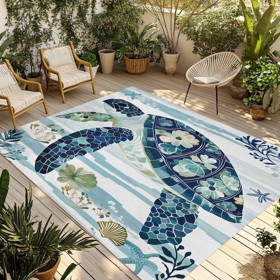 Fsddascl Blue Teal Coastal Outdoor Rug for Patio/Deck/Porch, Non-Slip Large Area Rug 4 x 6 Ft, Sea Turtle Summer Beach Starfish Indoor Outdoor Rugs Washable Area Rugs, Reversible Camping Rug Carpet