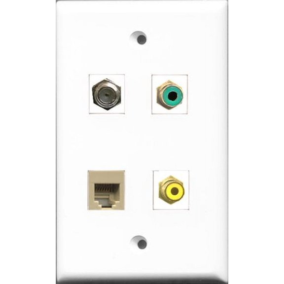 RiteAV 1 Port RCA Yellow and 1 Port RCA Green and 1 Port Coax Cable TV- F-Type and 1 Port Phone RJ11 RJ12 Beige Wall Plate