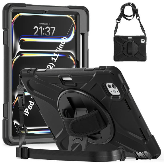For iPad Pro 11 M4 2024/iPad Pro 11 M5 2025 Case 11 inch, 360 Hand Strap, Shoulder Strap, Kickstand, Rugged Drop Protection, Black
