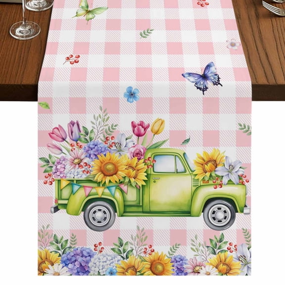 Table Runners 72 Inches Long Dress Scarves, Watercolor Floral Truck Farmhouse Kitchen/Dining Table Runner, Coffee Tablerunners, Spring Garden Butterflies Pink Plaid 14x72 Inch