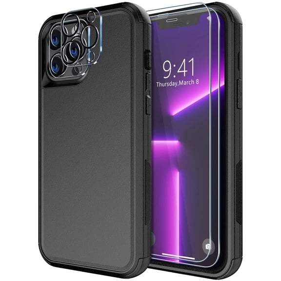 Diverbox for iPhone 13 Pro Case [Shockproof] [Dropproof] [Tempered Glass Screen   Camera Lens Protector],Heavy Duty Protection Phone Case Cover for Apple iPhone 13 Pro (Black)