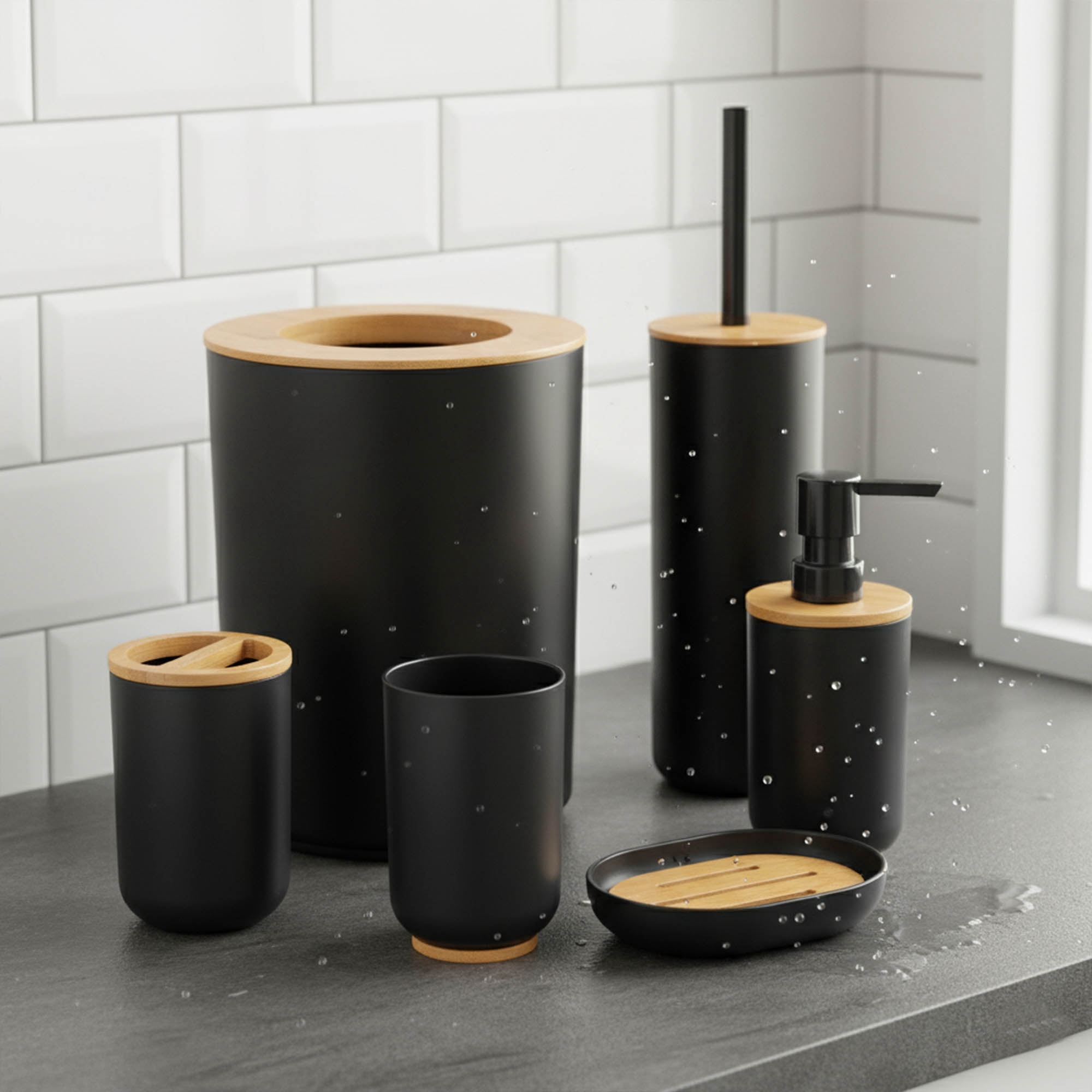 Black Bathroom Trash Can Padang Bamboo Top 1.3 Gal - Stylish and Sustainable 5L Waste Solution
