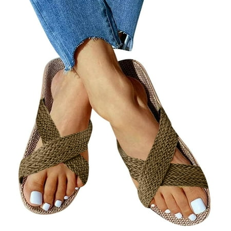 

hotio 2024 LoyisViDion Womens Sandals Clearance Woman Fashion Summer Casual Twisted Woven Flax Cut Out Flat Sandals Shoes Multicolor 6( )