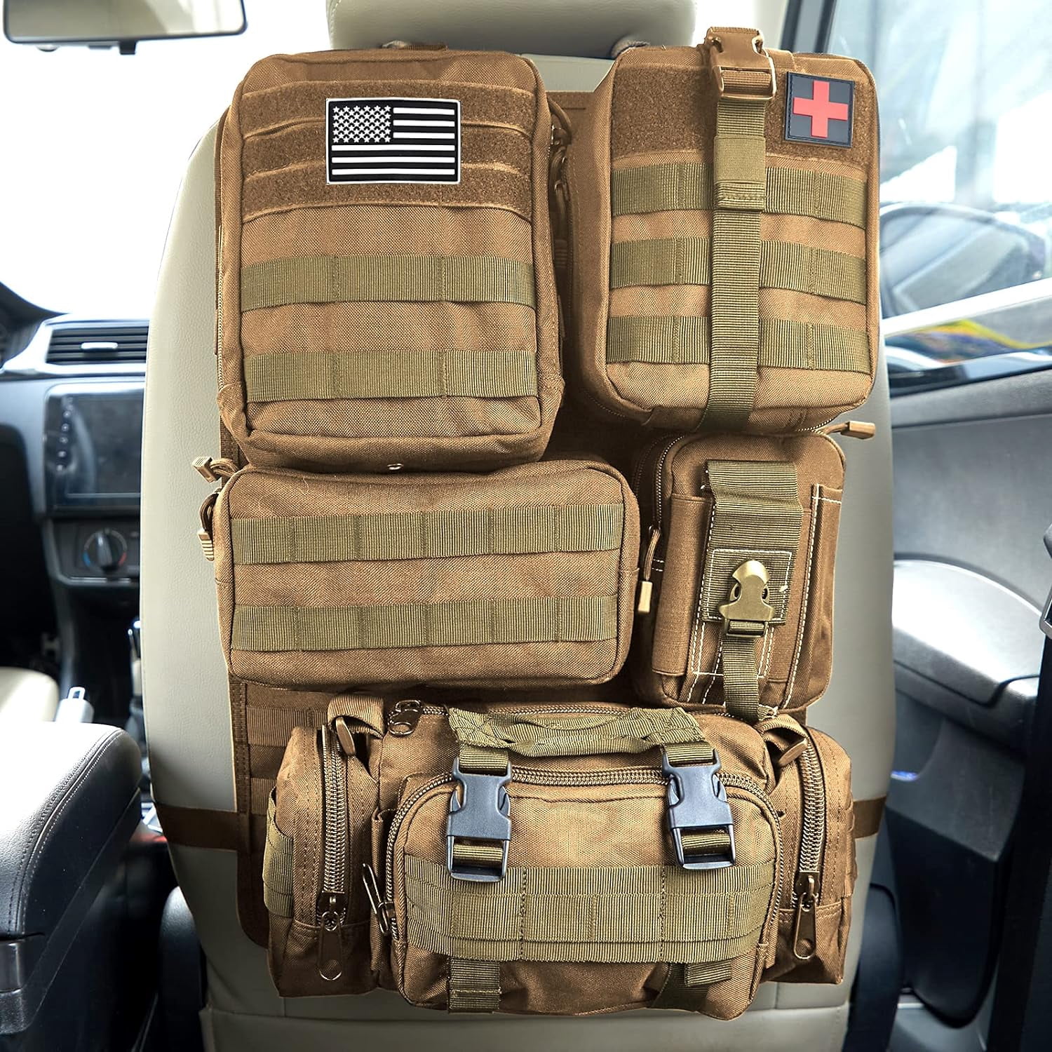 Universal Tactical Car Seat Back Organizer Bag Tactical Molle Vehicle Organizers Panel Vehicle Protector Organizers with 5 Detachable Pouches for Car Truck Ford Jeep (Upgraded D model Black camo)