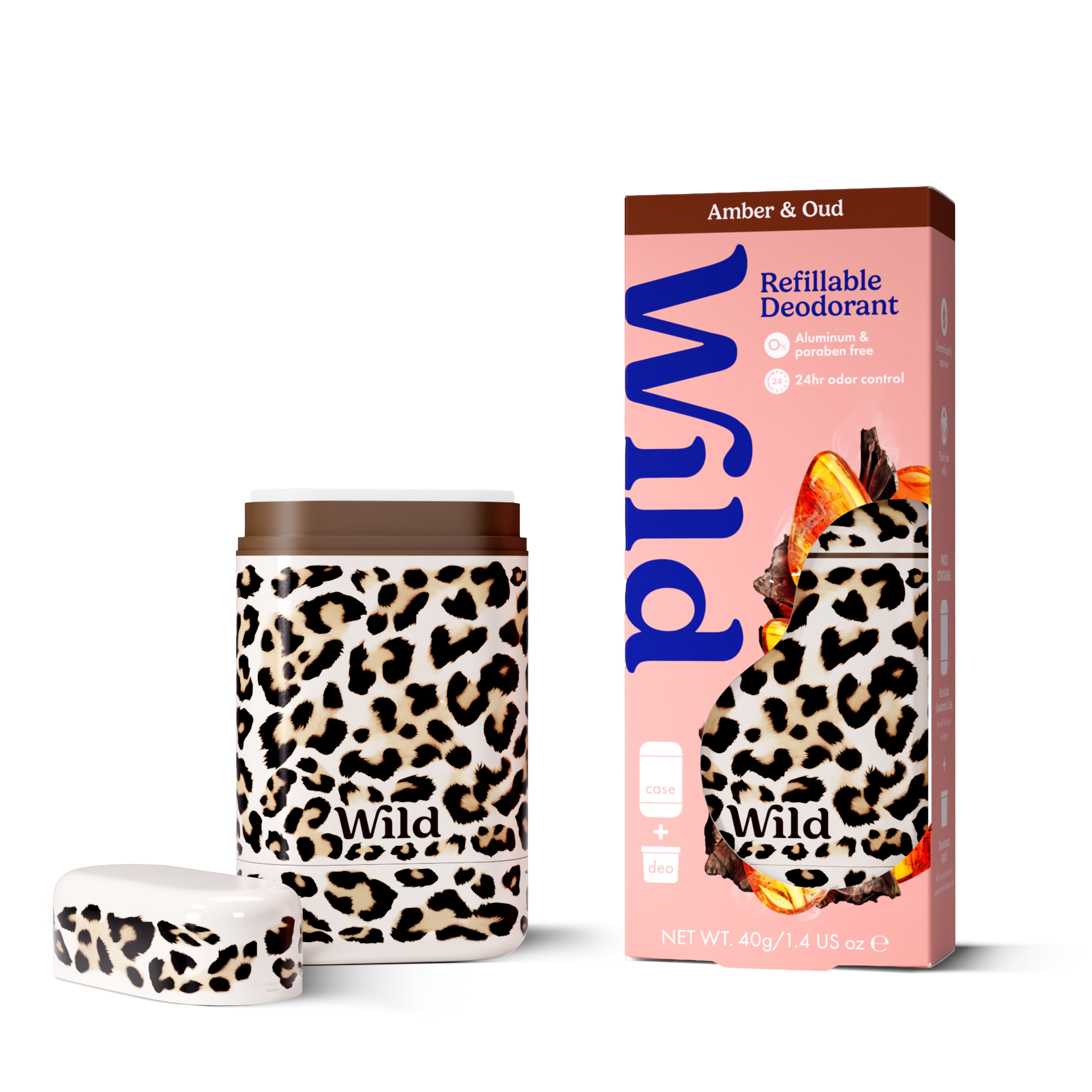 Wild Refillable Deodorant Starter Pack - Aluminum Free. Leopard Case + Amber & Oud Refill, for Women and Men, 1.4oz