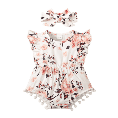 

Baby Girls Romper Floral Sleeveless Bodysuit With Headband 6-12 Months