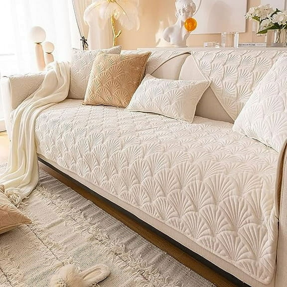 XmhyTop Super Soft Velvet Quilted Sofa Couch Covers Non-Slip Sectional Couch Cover Leaf Pattern Plush Sofa Slipcover Furniture Protector for Pets Kids Children Dog Cat (Cream B,28"x28")