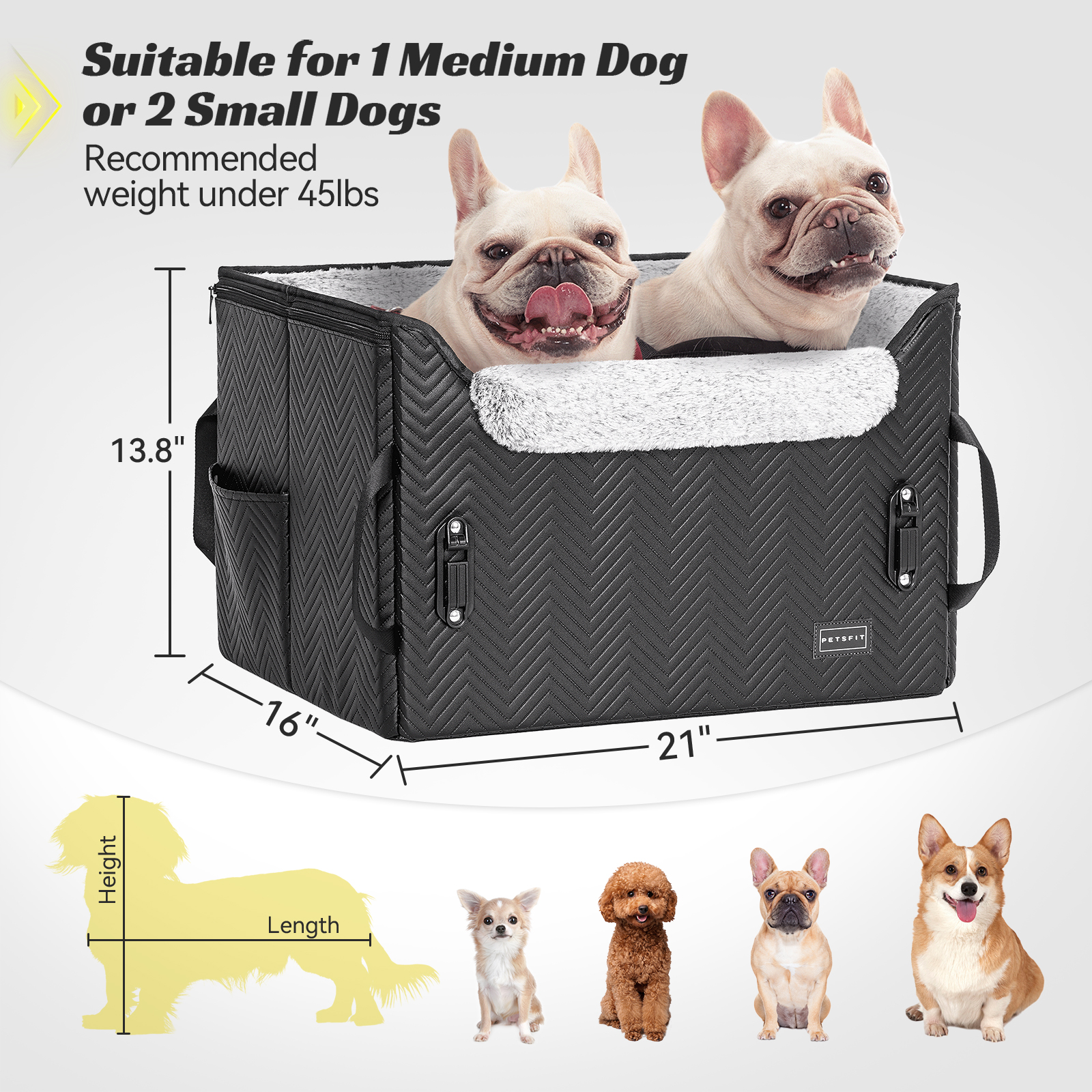 PETSFIT Dog Car Seat Medium Sized Dog, Waterproof PU Leather Dog Seat for Car with Patent Safe Buckles, 2 Clip-On Safety Leashes, Black