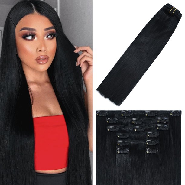 Extensiones de cabello con clip Windtouch, cabello humano real n.° 1, color negro azabache, 15 pulgadas, 7 unidades, 75 g, cabello humano liso Remy, extensiones de clip suaves y naturales, cabello hum