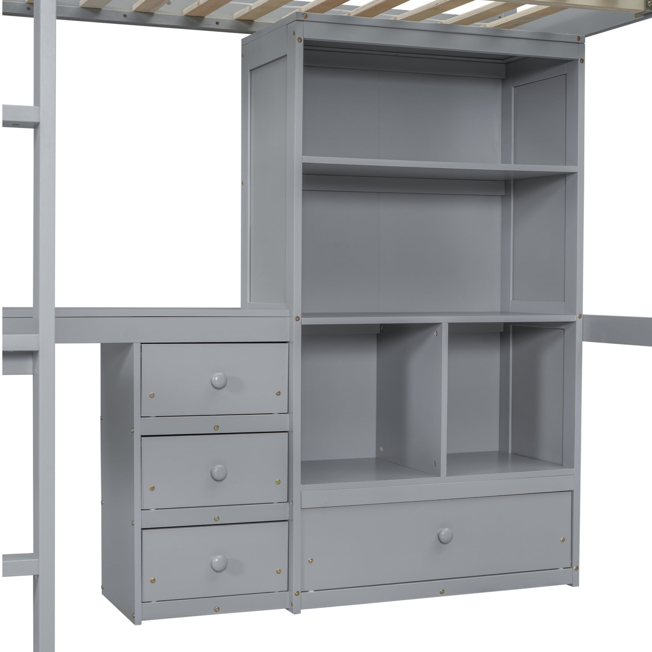 Noble House Modern Full Size Loft Bed with Desk, Storage Shelves and Built-in Ladder, Pine Wood Frame with Guardrails, Grey
