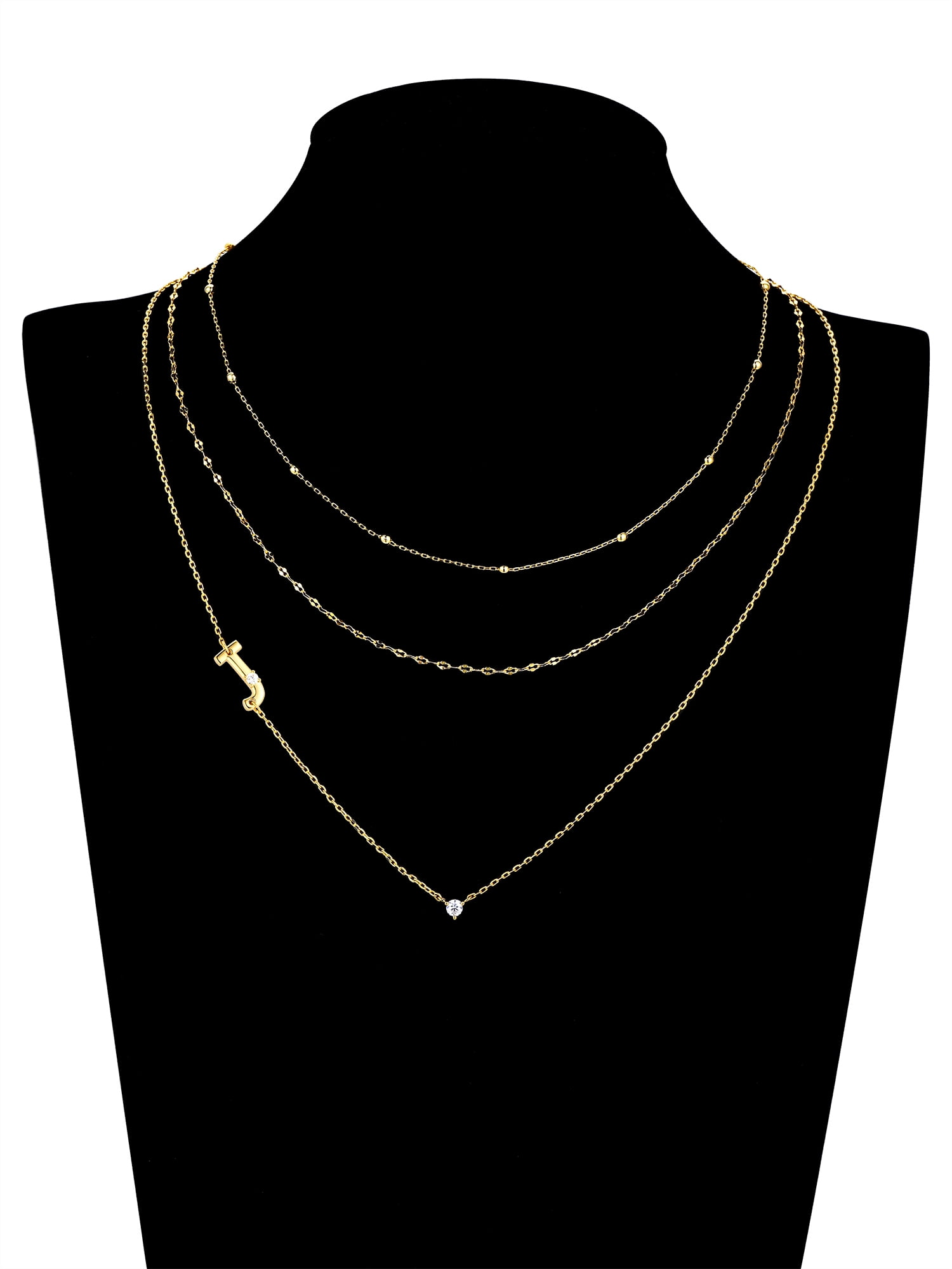 Believe by Brilliance J Triple Chain Initial Necklace Set in 14KT Gold Flash Plated Brass
