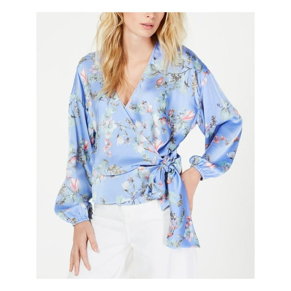 INC Womens Blue Tie Floral Long Sleeve Surplice Neckline Wrap Top Size: XL