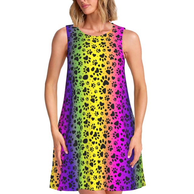 Balery Animal Paw Rainbow Vestidos de verano para mujer con estampado: vestido holgado sin mangas, vestido playero informal y cómodo para días calurosos.
